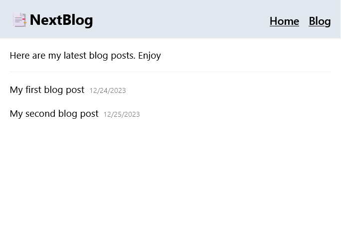 Screenshot of the final blog page