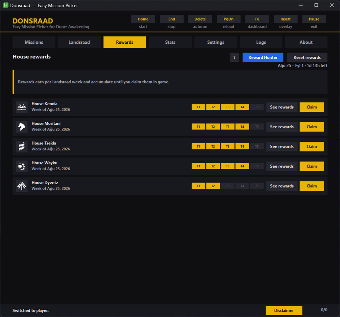 Donsraad reward tracker with claim actions