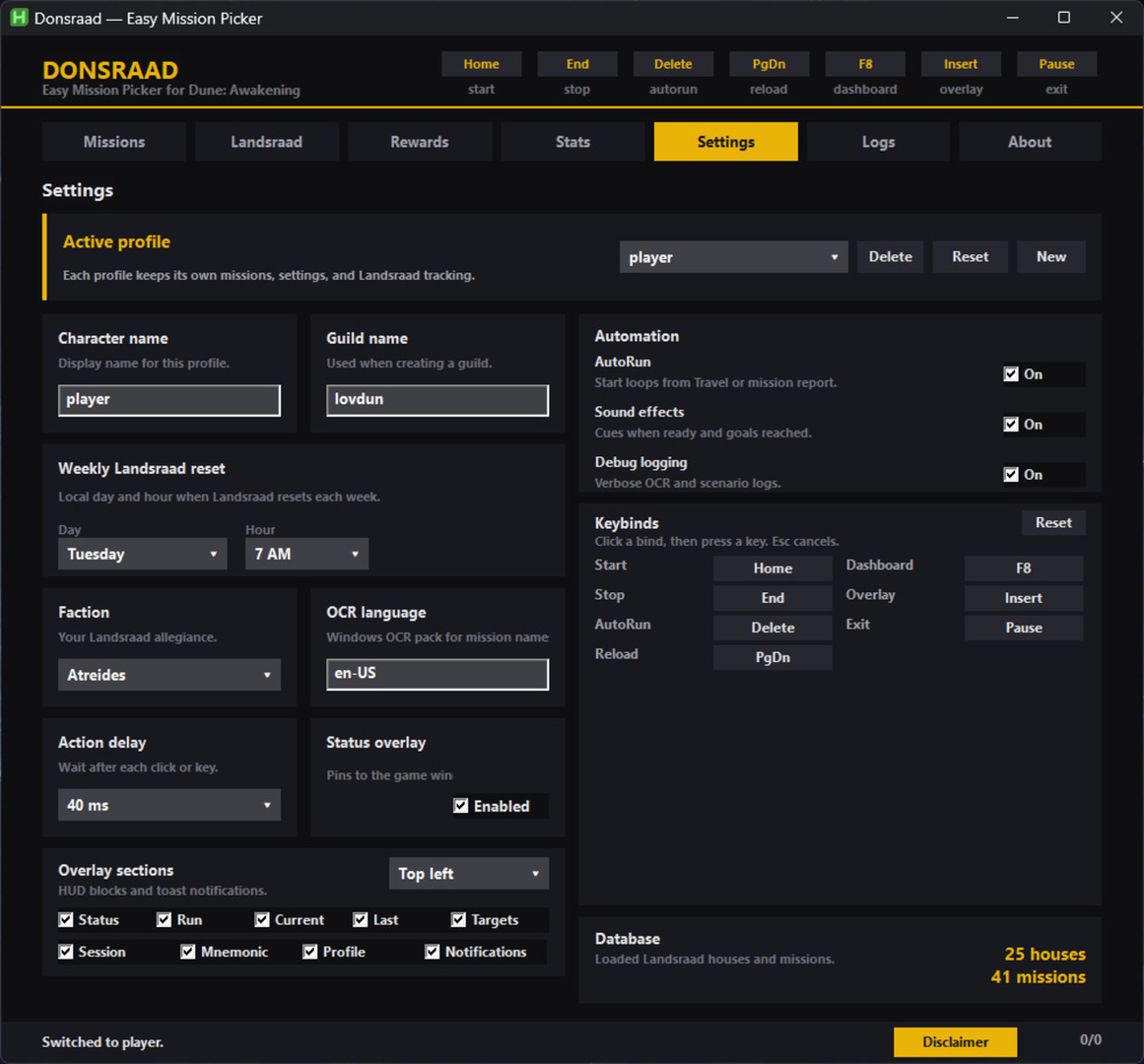Donsraad profiles and settings